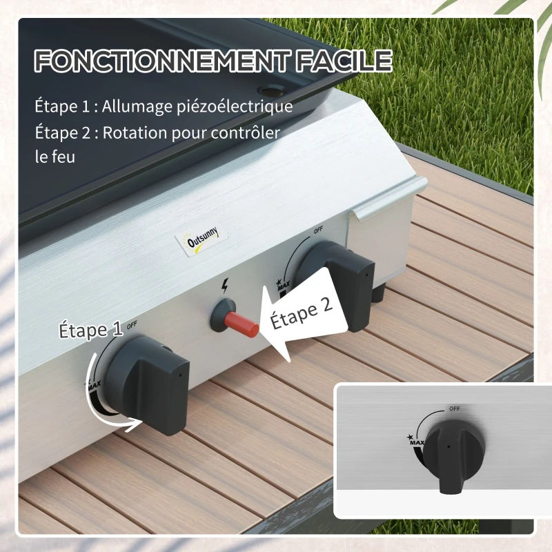 Outsunny Plancha gaz en acier inox émaillé 2 brûleurs 4,8 kW antiadhésive grande surface de cuisson 40L x 34l cm, transportable