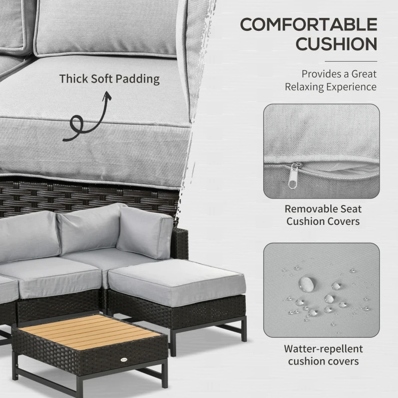 Outsunny 5 Piece Outdoor PE Rattan Corner Sofa Set with Cushions, Wicker Rattan Garden Furniture  with Wood-Effect Top Table, Brown