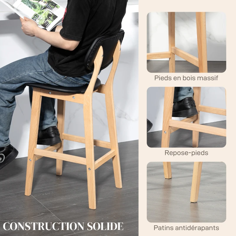 HOMCOM Lot de 2 tabourets de bar, chaises hautes, revêtement synthétique avec dossier et pieds en bois, noir