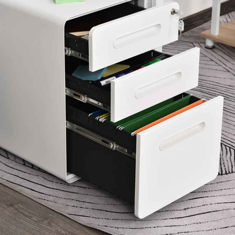 Vinsetto Rollcontainer mit 3 Schubladen mobiler Aktenschrank mit Rollen abschließbar Büroschrank mit Hängeregistratur Stiftfach, Bürocontainer Schreibtisch Unterschrank für Büro 39x48x59cm Weiß