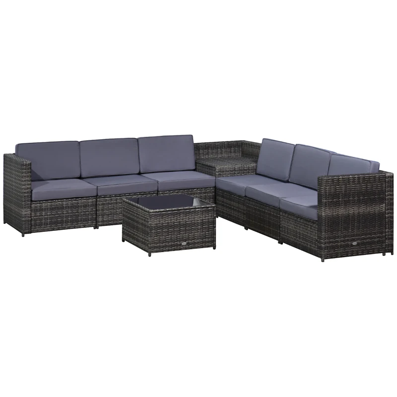 Outsunny 8-tlg. Polyrattan Gartengarnitur Gartenmöbel Garten-Set Sitzgruppe Loungeset Loungemöbel Beistelltisch als Aufbewahrungskorb Dunkelgrau Stahl + Polyester 58 x 58 x 37 cm