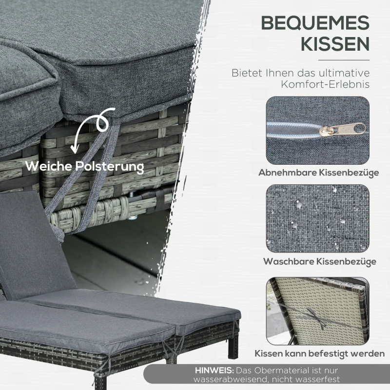 Outsunny Polyrattan Doppelliege Sonnenliege Gartenliege für 2 Personen Relaxliege Luxus Lounge 5-stufige Rückenlehne Metall PE Rattan Grau 196 x 120 x 28 cm