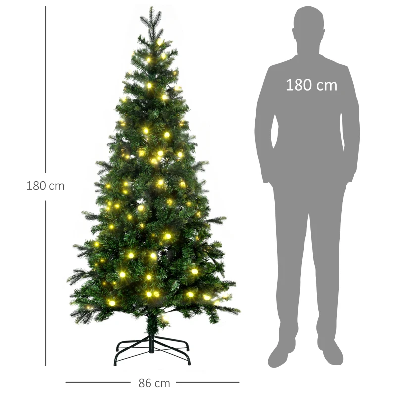 HOMCOM Weihnachtsbaum, Kunsttanne, mit Lichterkette, Standfuß, flammhemmend, Grün, Kunststoff, 86  x 86 x 180cm