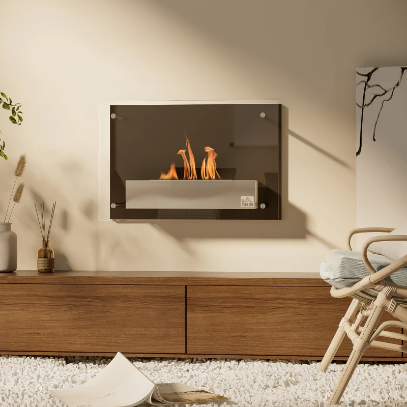 HOMCOM Chimenea de Bioetanol de Pared 60x22x40 cm Capacidad de 1,5L Combustión de 3 Horas para Salón Dormitorio Negro