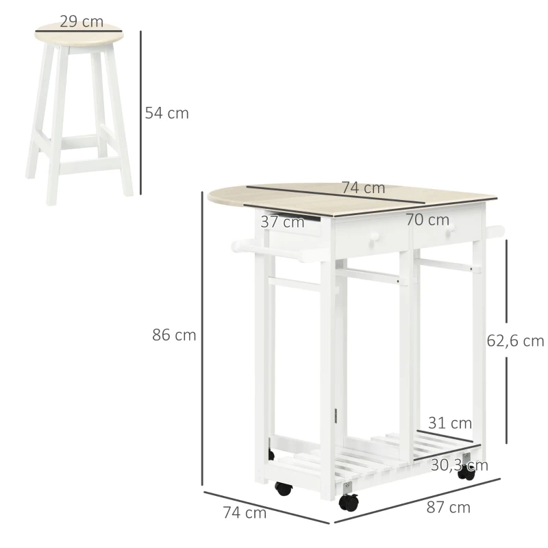 HOMCOM Carrito de Cocina de Madera con 2 Taburetes Mesa con Ruedas Ala Abatible Cajones y Estante 87x74x86 cm Blanco