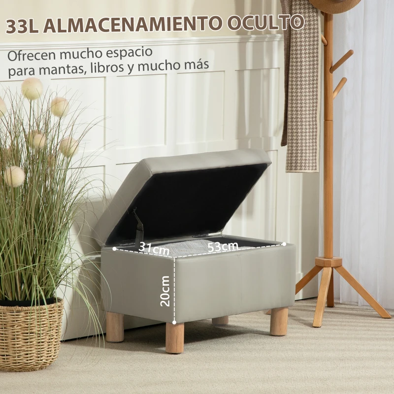 HOMCOM Baúl de Almacenaje para Dormitorio 33L Tapizado en PU Banco de Almacenaje con Patas de Madera 60x38x40 cm Gris Claro