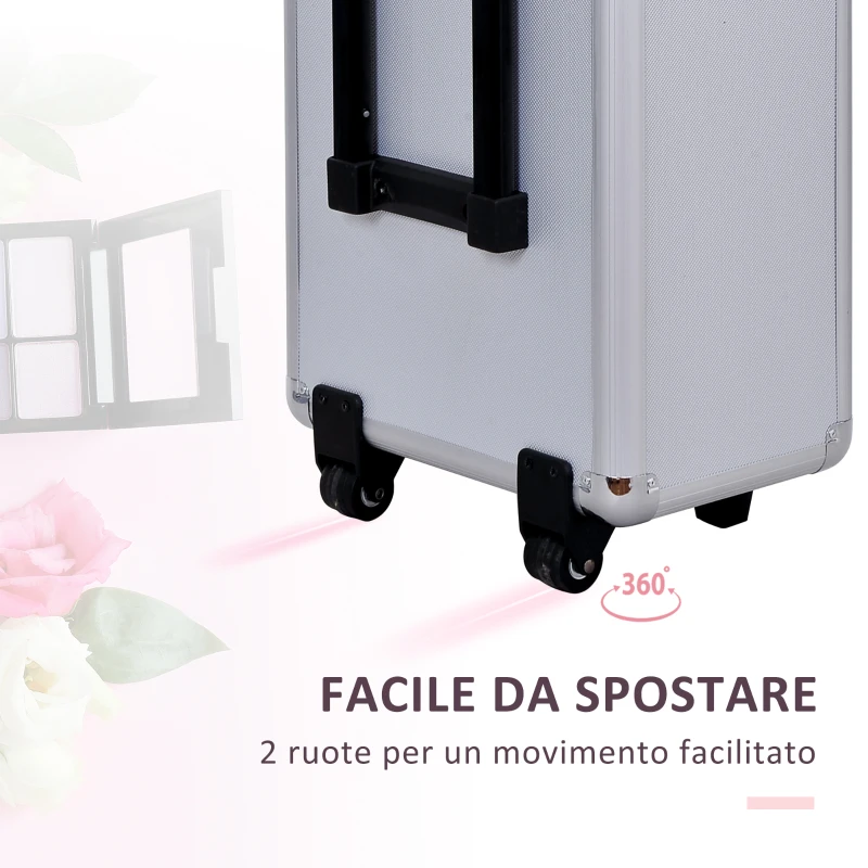 HOMCOM Valigetta Beauty Case 2 in 1 con Maniglia Regolabile su 3 Livelli e Ruote, Trucco Professionale Trolley per Make Up in Alluminio, 35.5x23x105 cm, Argento