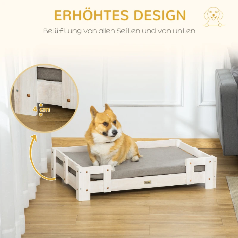 PawHut Hundesofa Erhöhtes Haustiersofa mit Kissen Katzensofa Hundecouch Hundebett Haustierbett Hundeschlafplatz für mittelgroße Hunde waschbarer Bezug Weiß+Grau 90 x 60 x 20 cm