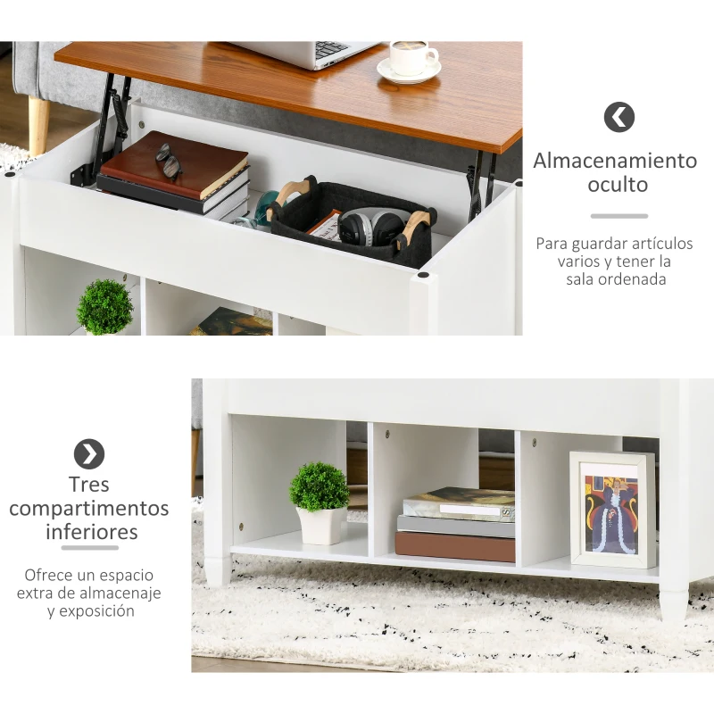 HOMCOM Mesa de Centro Elevable Mesa de Café con 3 Compartimentos Abiertos Mesa Rectangular Moderna para Salón Comedor 105x50x48-61,5 cm Blanco y Marrón