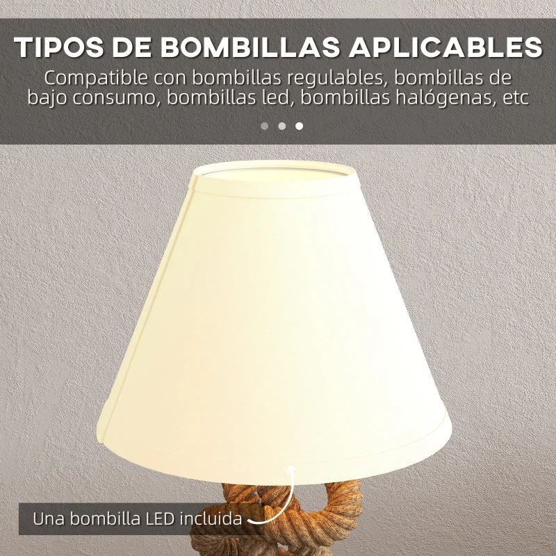 HOMCOM Lámpara de Mesa LED con Base de Metal Cuerda de Lino y Pantalla de Tela Max.40W Ø28x45,5 cm Marrón y Beige