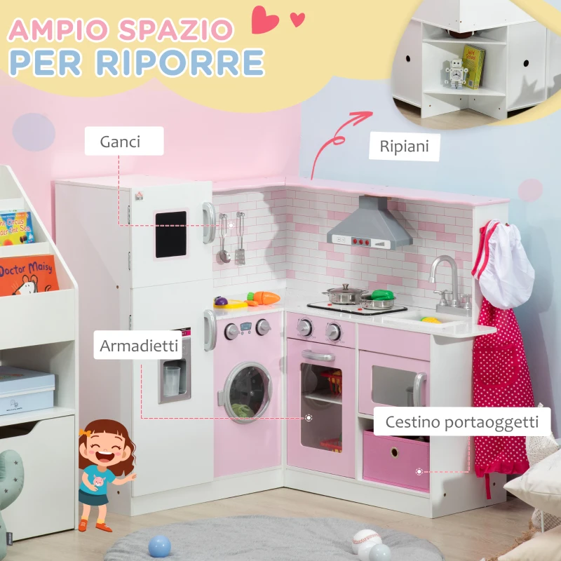 HOMCOM Cucina Giocattolo per Bambini 3-6 Anni con Luci e Utensili da Cucina Realistici, in MDF e PP, 84x93.5x85 cm
