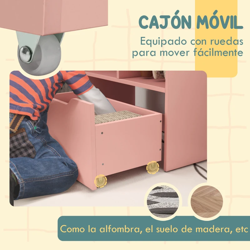 HOMCOM Estantería Infantil de Madera con 3 Compartimentos 2 Cubos y Cajón Móvil con 4 Ruedas 60x29,9x90 cm Rosa