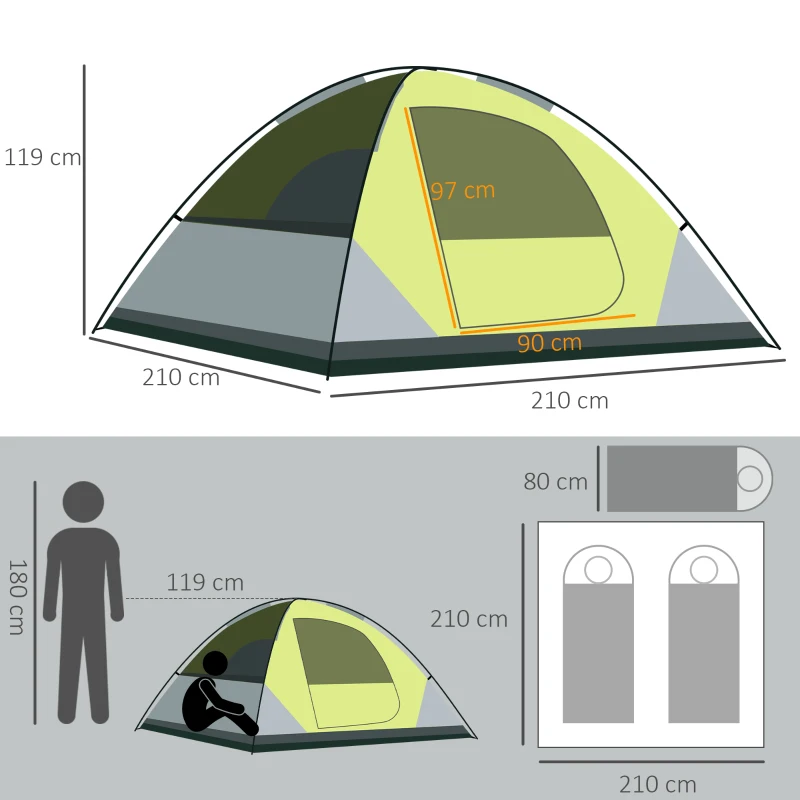 Outsunny Tente de camping 3 personnes tente dôme étanche légère ventilée portes zippées poche de rangement sac de transport inclus fibre verre polyester tissu Oxford 210L x 210l x 119H cm vert et gris