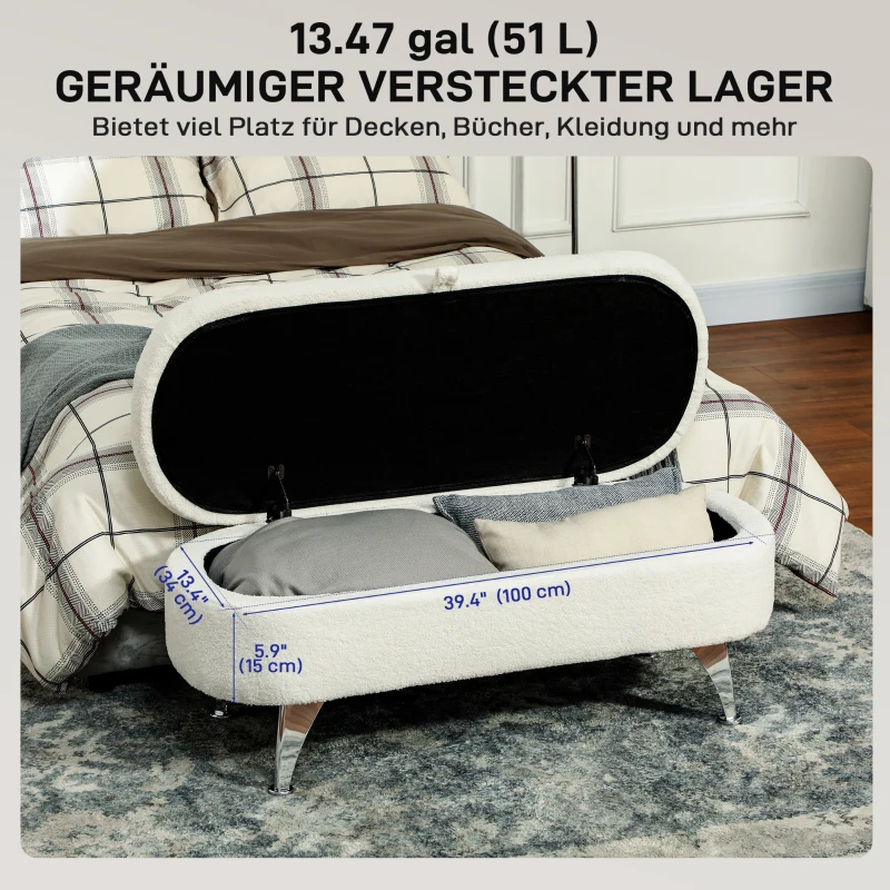 HOMCOM Sitzbank mit Stauraum, Deckel und Metallbeinen für Wohnzimmer, Schlafzimmer, Flur, Weiß(m-4)