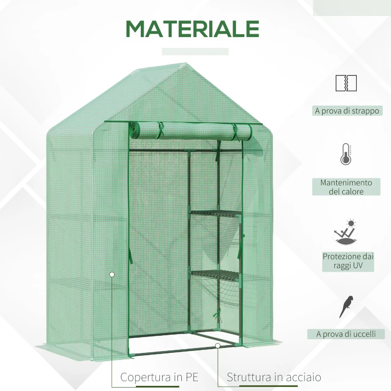 Outsunny Serra da Giardino in Acciaio e Plastica PE con 4 Ripiani, Funi e Picchetti, 141x72x191 cm, Verde