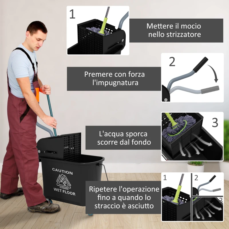 HOMCOM Carrello per Pulizie in Plastica PP da 20L con Secchio e Strizzatore, 60x27x70.5 cm, Nero