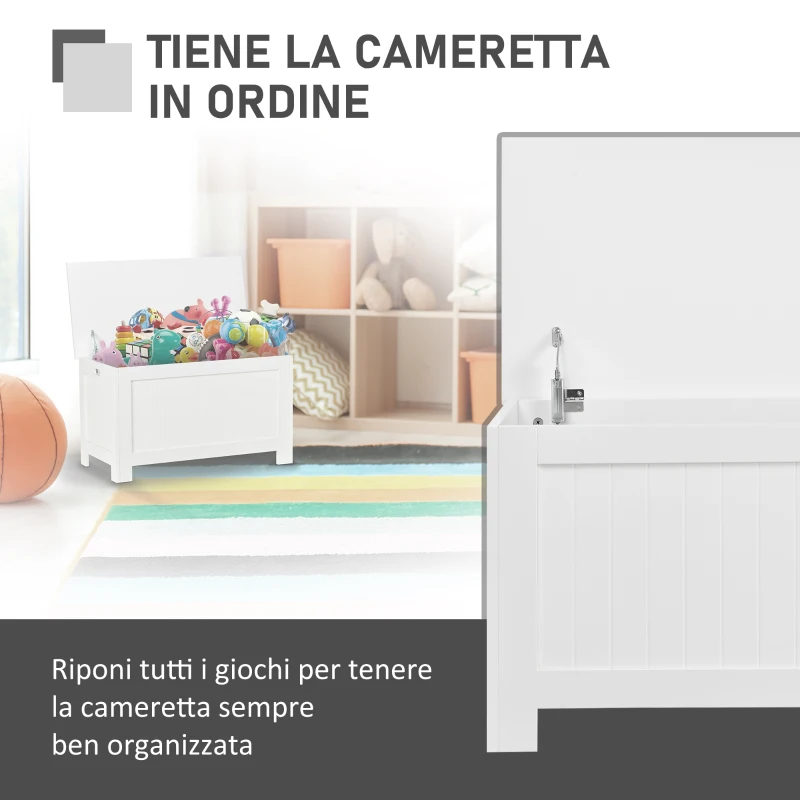 HOMCOM Panca Contenitore Multiuso in Legno MDF, 2 Maniglie e Apertura con Blocco di Sicurezza, 81x40x46cm, Bianco