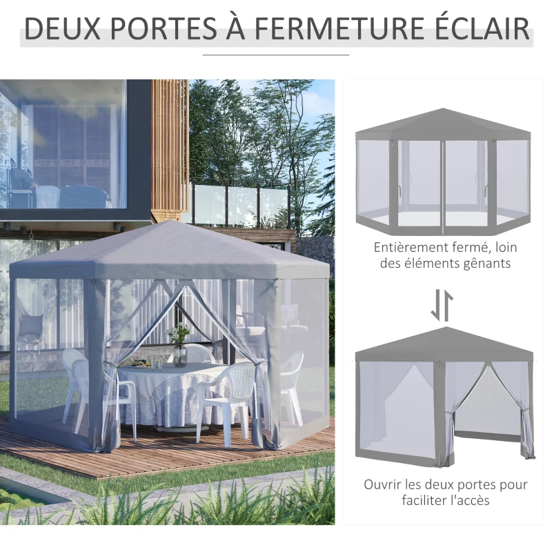 Outsunny Tonnelle barnum tente de réception hexagonale style cosy métal polyester gris