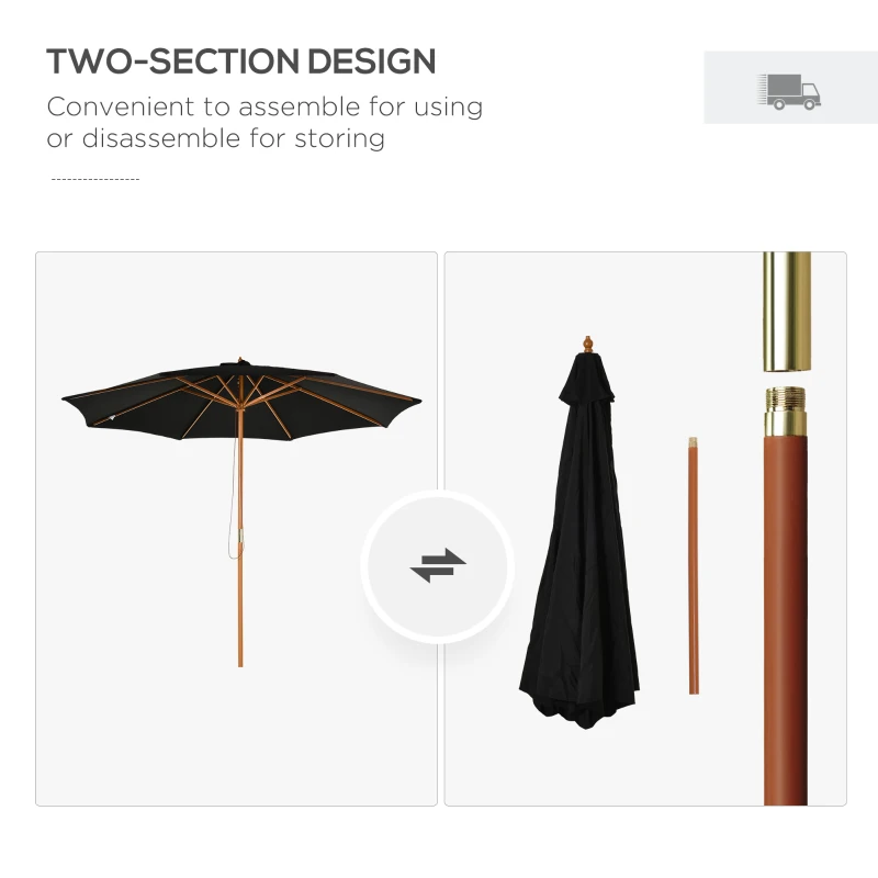 Outsunny 3(m) Garden Parasol, Pulley Operated Patio Umbrella, Wooden Table Market Umbrella with Rope Pulley Mechanism and 8 Ribs, Black