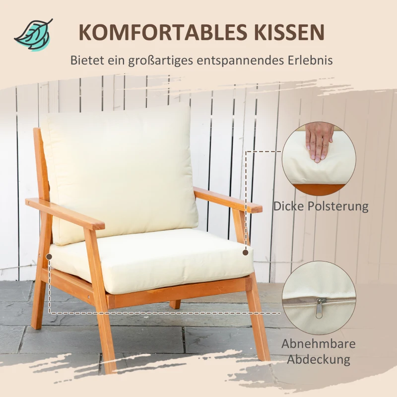 Outsunny Gartenmöbel-Set für 4 Personen Balkonmöbel-Set mit Sitzkissen, Couchtisch, Kiefernholz, Beige