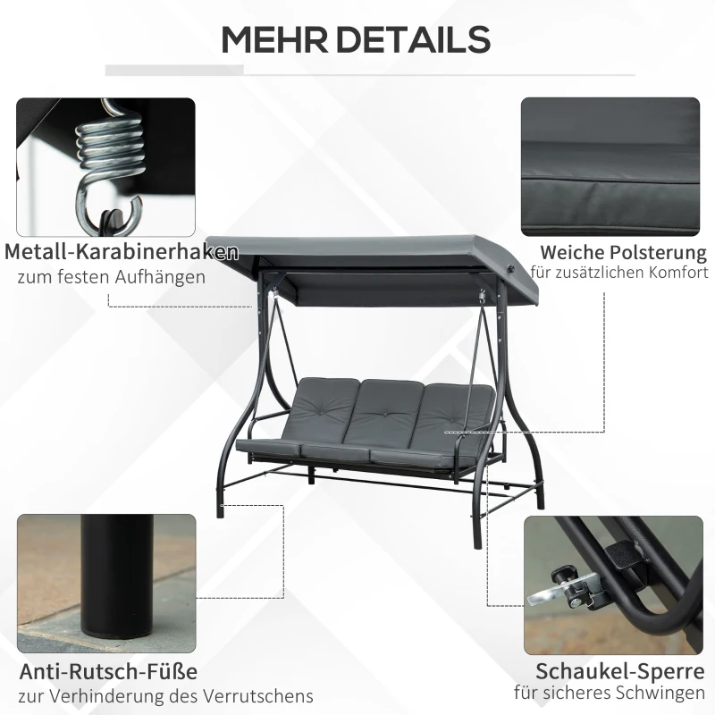 Outsunny Schaukelbank, Hollywoodschaukel mit Sonnenschutz, Gartenschaukel, Verandaschaukel, 3 Sitze, Schaukelbett
