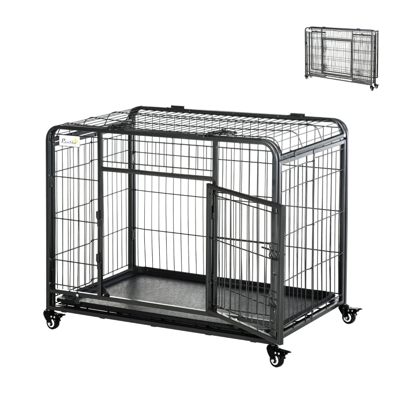 PawHut Transportbox auf 4 Rollen 94 cm x 58 cm x 69,5 cm Metall, PP, Schwarz