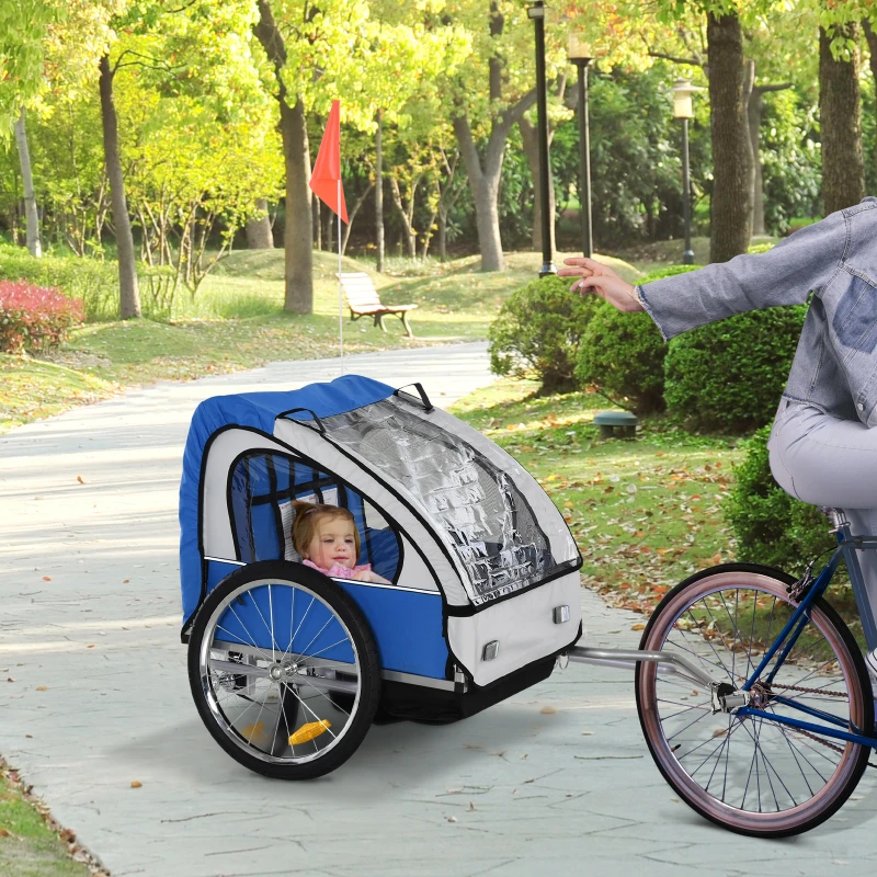 HOMCOM 2 Seat Bike Trailer Bicycle wagon for Kids Child Steel Frame Safety Harness Seat Carrier Hitch Coupler Blue White 130 x 76 x 88 cm