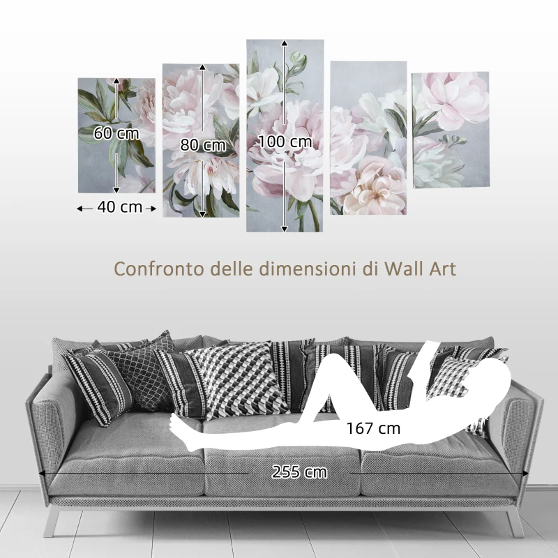 HOMCOM Stampa su Tela con Peonie, 5 Pezzi per Casa e Ufficio, Tela in Legno di Pino e Vernice ad Acqua, 200x100cm, Multicolore