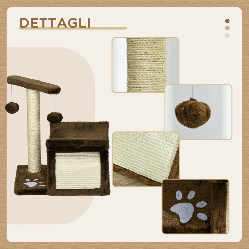 PawHut Tiragraffi Gatto Albero Tira Graffi Gioco Giocattolo per Gatti con Cuccia 2 Palline Appese in Sisal Naturale Altezza 43cm