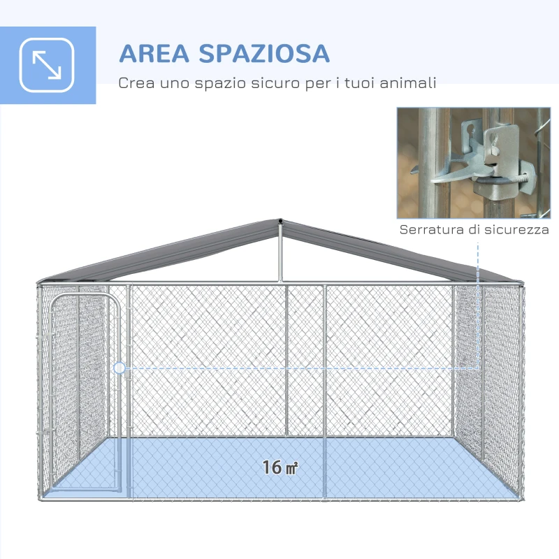 PawHut Kennel per Cani in Metallo con Tettuccio in Tessuto Oxford e Porta con Blocco, 4x4x2.3m