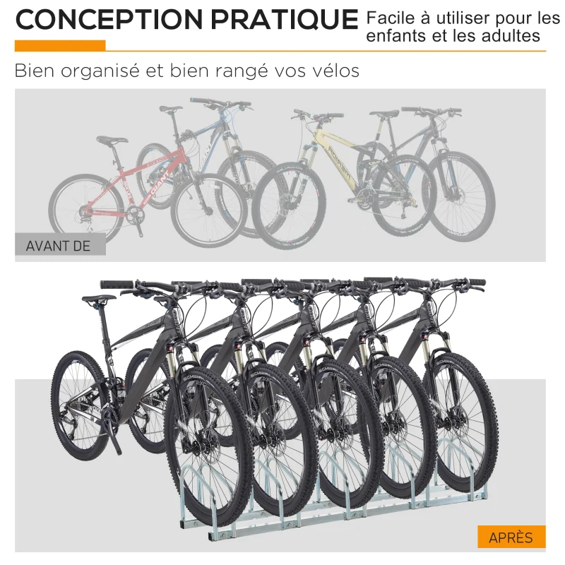 HOMCOM Râtelier 5 vélos range-vélos support de rangement pneu 65 mm sol ou mural pour VTT enfants BMX 145 x 33 x 27 cm acier argent