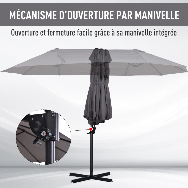 Outsunny Parasol déporté grande taille XXL inclinable avec pied en croix dim. 4,45L x 2,7l x 2,6H m piètement en métal inclus polyester gris