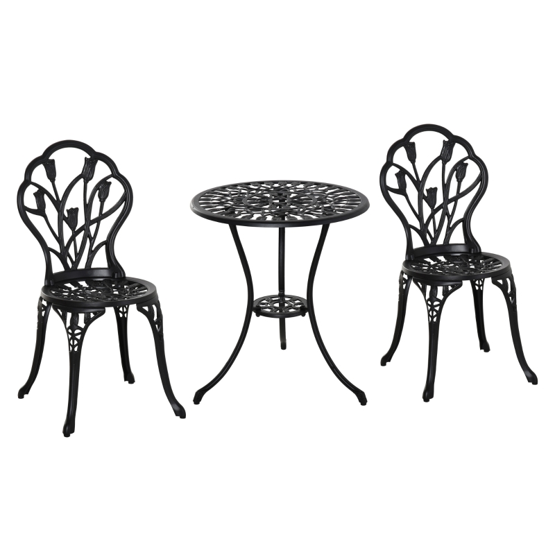 Outsunny Bistroset wetterfest für 2 Personen 1 Tisch+2 Stühle mit Schirmloch für mehrere Orte Aluminium Schwarz