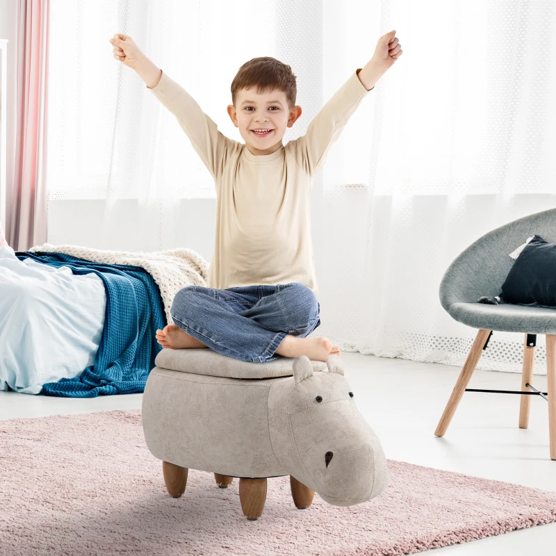 HOMCOM Pouf Contenitore a Forma di Ippopotamo con Gambe in Legno e Rivestimento Bianco Crema, per Cameretta 65x35x36cm