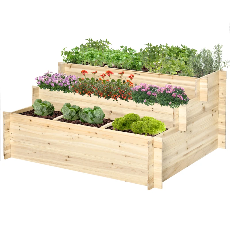 Outsunny 117cm x 100cm x 54cm 3 Tier Raised Garden Bed 376L Fir Wood Elevated Planter Flower Box with 9 Grow Grids and Non-woven Fabric for Vegetables, Flower, Herb Outdoor Indoor Use