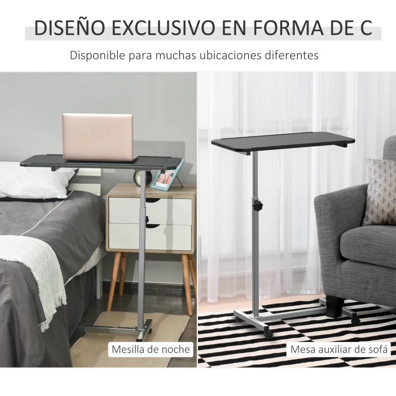 HOMCOM Mesa Auxiliar con Ruedas con Altura Ajustable y Marco de Metal Carga 20 kg 77x40x76-100 cm Negro y Plata