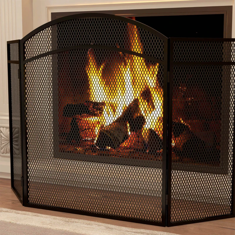 HOMCOM Protector de Chimenea de 3 Paneles Plegable Pantalla de Chimenea con Estructura de Metal 96x60 cm Negro
