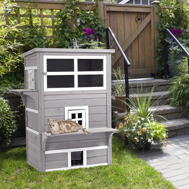 PawHut Caseta para Gatos de Madera Exterior Casa Grande para Gatos de 3 Pisos con Múltiples Entradas Ventanas y 2 Plataformas para Terraza Balcón Jardín 93,5x67x117 cm Gris