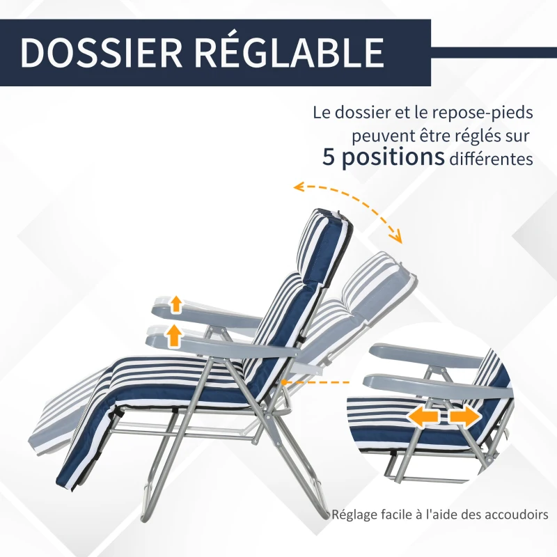 Outsunny Lot de 2 Chaise Longue Bain de Soleil Adjustable Pliable avec coussin transat lit de Jardin en Acier Bleu + Blanc