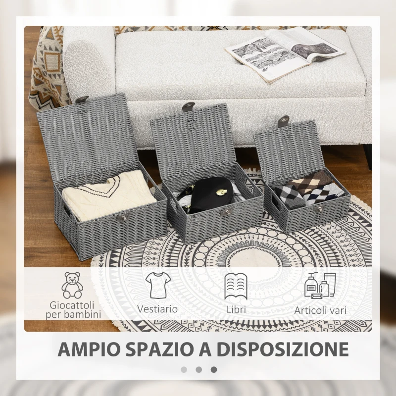 HOMCOM Set di 3 Cesti in Vimini PP con Coperchio di Diverse Dimensioni, Grigio