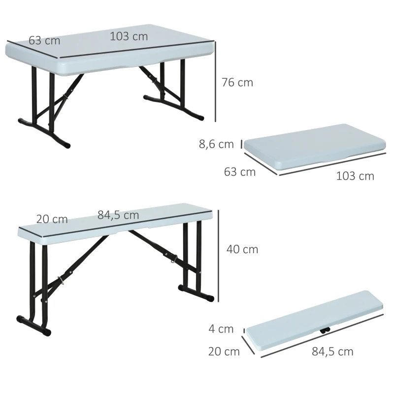 Outsunny Conjunto Mesa y 2 Bancos Plegables de Jardín Muebles para Camping Picnic Multiusos Mesa de 103x63x76 cm y Asiento de 84,5x20x40 cm Blanco