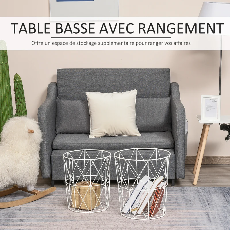 HOMCOM Lot de 2 Tables Basses gigognes Tables d'appoint Rondes encastrables Style néo-rétro Bicolore Structure métal Blanc Plateau MDF Coloris hêtre