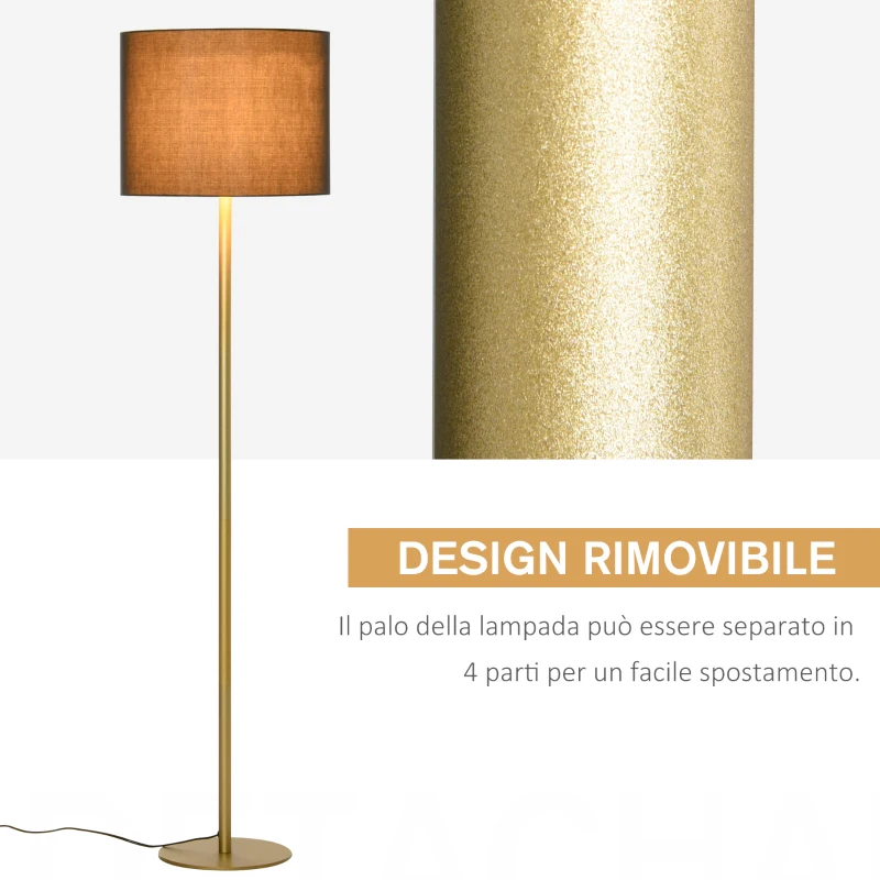 HOMCOM Lampada a Piantana da Terra con Paralume in Stoffa, Lampada da Terra Moderna per Soggiorno, Camera da Letto e Ufficio, Nero e Oro