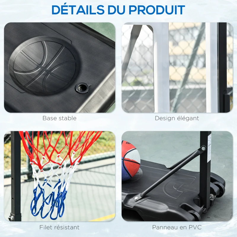 HOMCOM Panier de basket extérieur pour Bord de Piscine Poteau Panneau, Base de lestage sur roulettes Hauteur de l'arceau réglable 1,1-1,3 m Noir Blanc