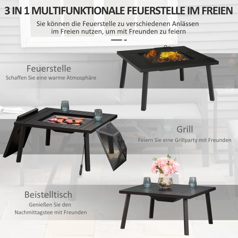 Outsunny Feuerschale Feuertisch mit Schürhaken Funkenschutz Feuerkorb Feuerstelle für Garten Camping BBQ Stahl Schwarz 81 x 81 x 53 cm