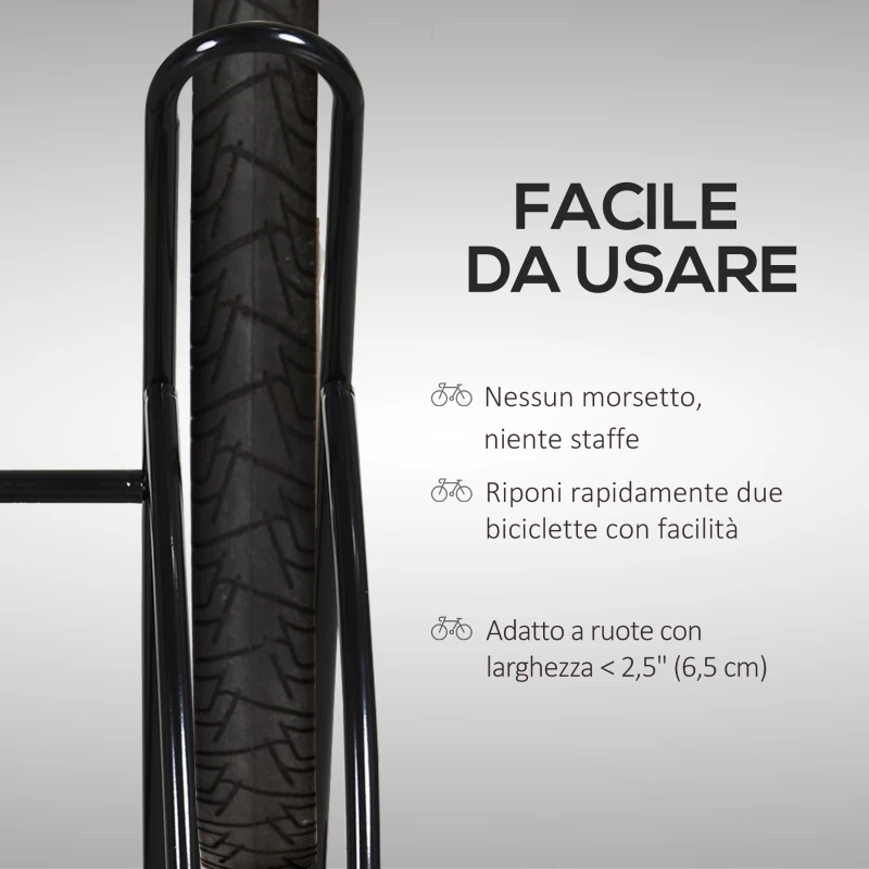 HOMCOM Rastrelliera da Terra per 2 Biciclette con Pneumatici fino 6.5 cm, Telaio Orientabile in Acciaio Nero, 60x54x57cm