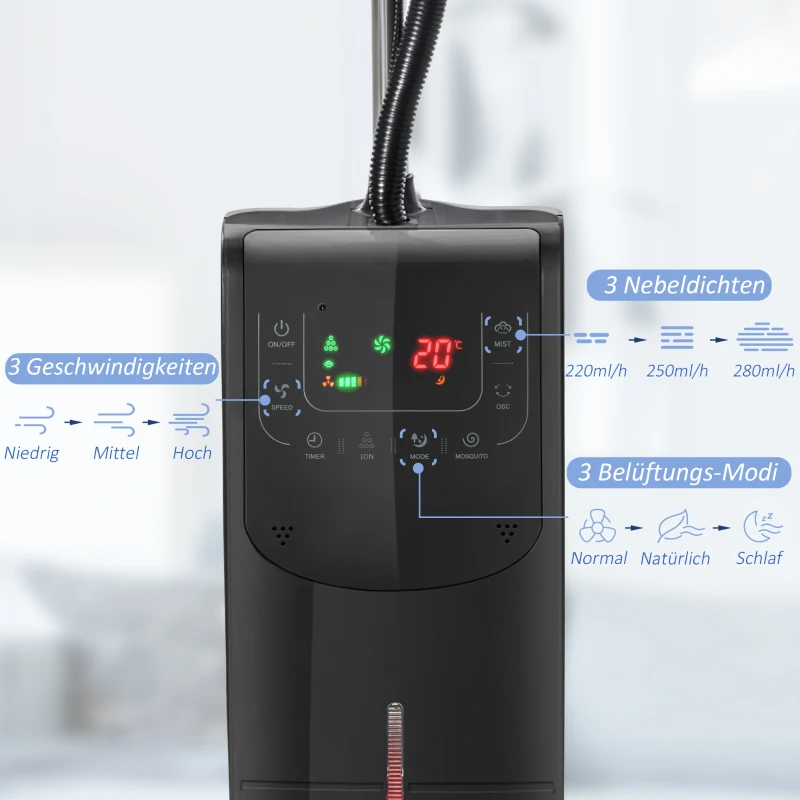 HOMCOM Ventilator mit Wasserkühlung, Standventilator mit Sprühnebel, Fernbedienung, oszillierend, Timer, 3,1 L Wassertank, 3 Modi, 90 W Wasserventilator mit Rollen, 135 cm