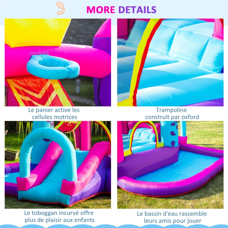 Outsunny Château Gonflable avec Toboggan, Trampoline, Aire de Jeux Piscine et Panier Jusqu'à 3 Enfants +3 Ans gonfleur et Sac de Transport Souffleur 350W inclus dim. 300L x 270l x 200H cm Multicolore