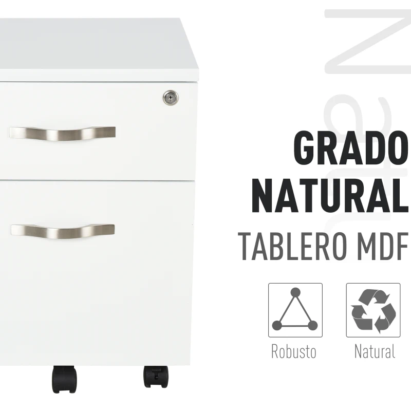 HOMCOM Cajonera de Oficina con Reudas Mueble Archivador con 2 Cajones Llave y Riel Colgante 40x45,5x52,5 cm Blanco