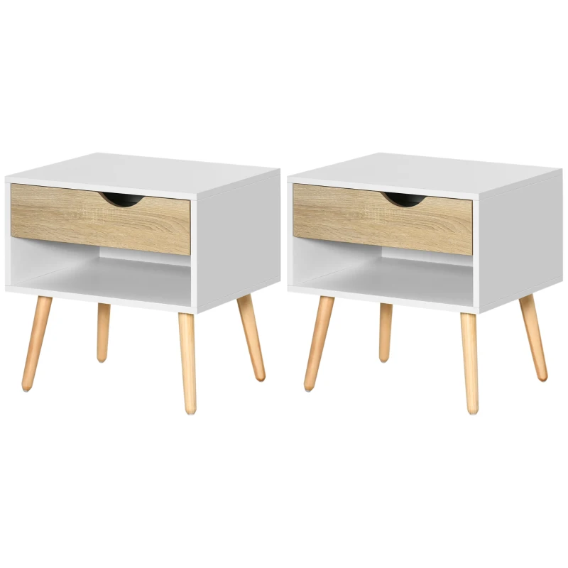 HOMCOM Set de 2 Mesitas de Noche Mesa Auxiliar Mesillas de Noche con Cajón y Estante de Almacenamiento para Dormitorio Salón Cama Oficina Estilo Moderno 50x39x51 cm Blanco y Roble